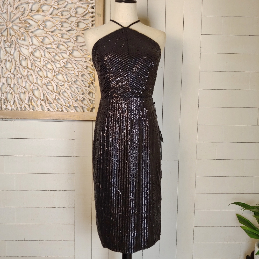 Adrianna Papell Sequin Halter Midi Dress Black Size 4